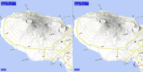 等高線付き火山島の地形メッシュをオリジナルとポリゴン削減後で並べて比較したビュー