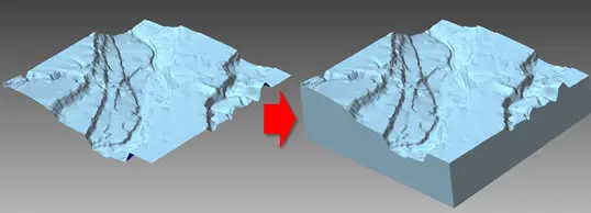 起伏のある地形メッシュに底面を追加し、立体ブロック状に仕上げる変換前後の比較画像