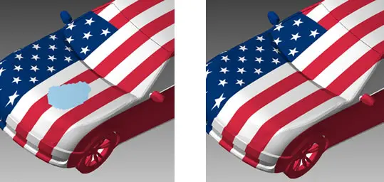 車ボディに貼られたアメリカ国旗柄のテクスチャをPOLYGONALmeisterで欠損補完したビフォーアフター比較