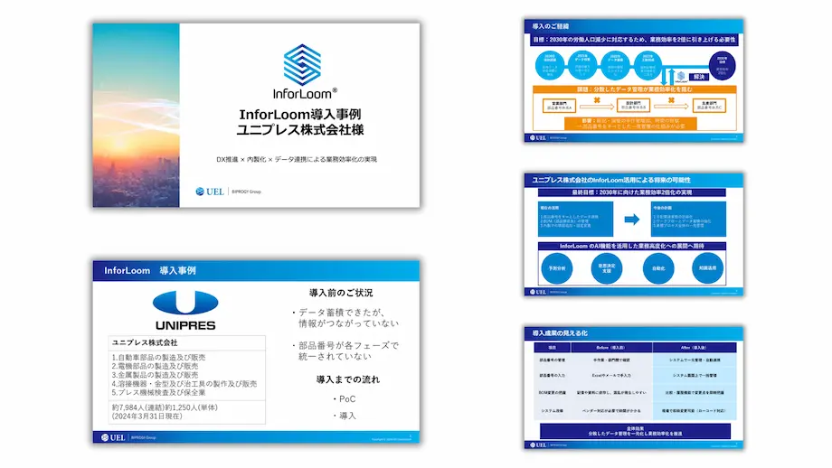 ユニプレス株式会社のInforLoom導入事例—DX推進と業務標準化の取り組みをまとめた資料プレビュー
