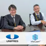 ユニプレスとInforLoomの担当者がテーブルを囲み笑顔で打ち合わせしている会議風景の写真（下部に両社ロゴ付き）