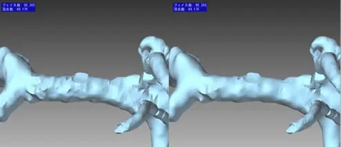 微小血管ポリゴンの表面を鏡面スムージングで凹凸除去し、滑らかな血管形状へ変換したビフォーアフター比較