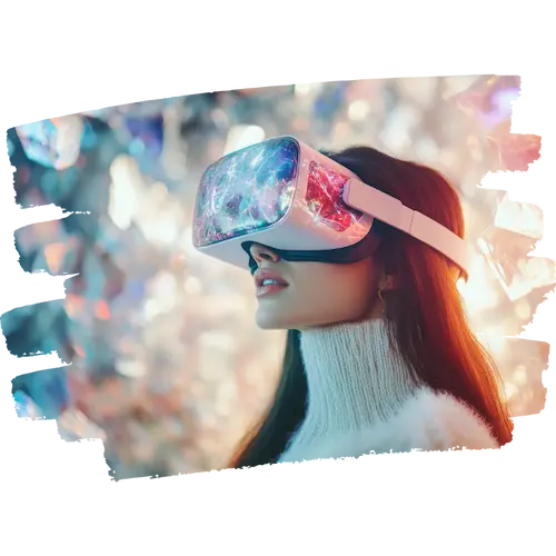 VRヘッドセットを装着し、キラキラとした抽象的な背景に囲まれて仮想現実体験を楽しむ女性の横顔
